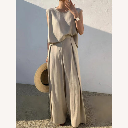 Women's Linen Suit Set – Sleeveless Top and High-Waisted Pants, Chic and Comfortable for Summer