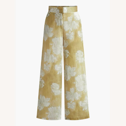 Elegant High Waist Women's Flowing Pants with Floral Print – Yellow, Light and Comfortable Straight Cut