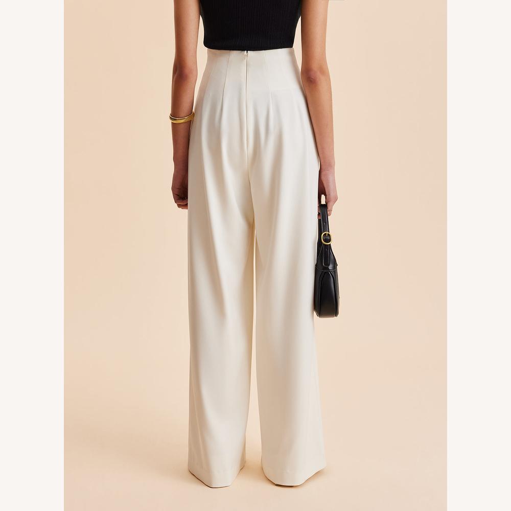 Pantalon Fluide Femme Taille Haute à Jambes Larges Beige avec Boutons Dorés – Élégance et Confort