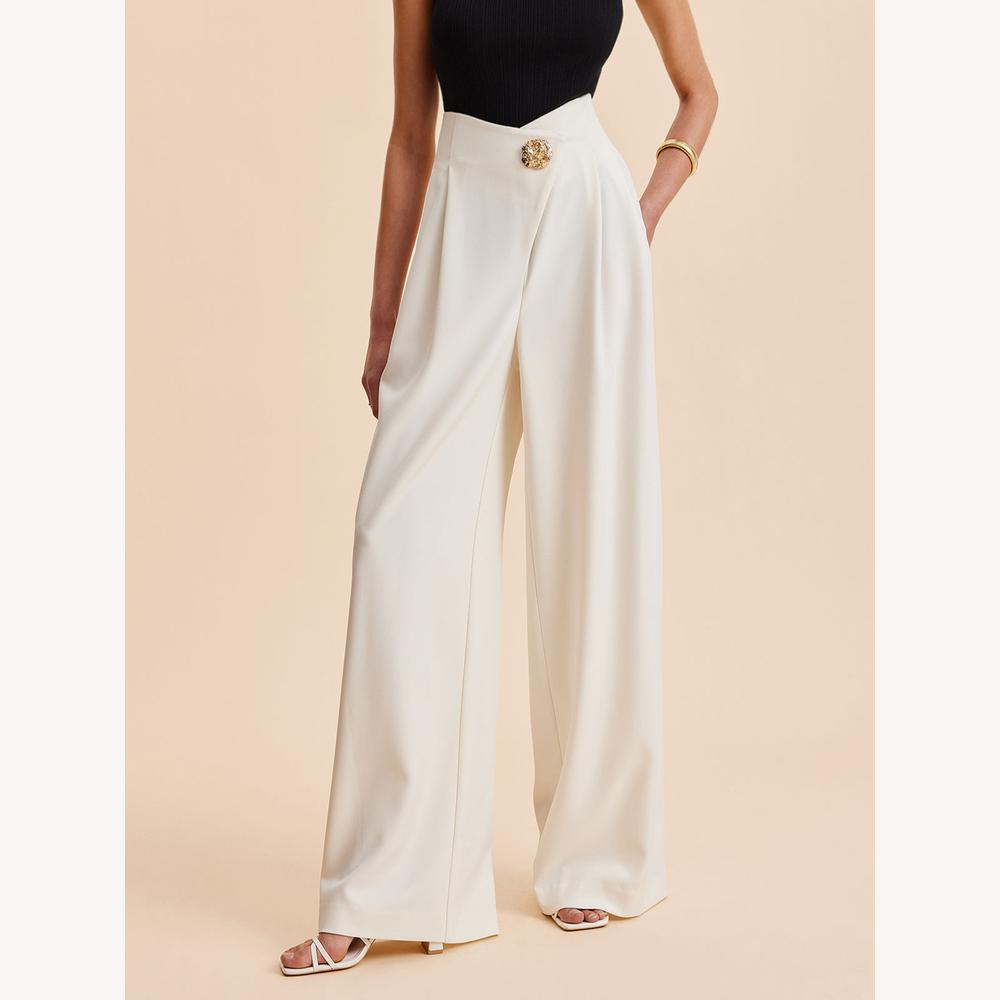Pantalon Fluide Femme Taille Haute à Jambes Larges Beige avec Boutons Dorés – Élégance et Confort