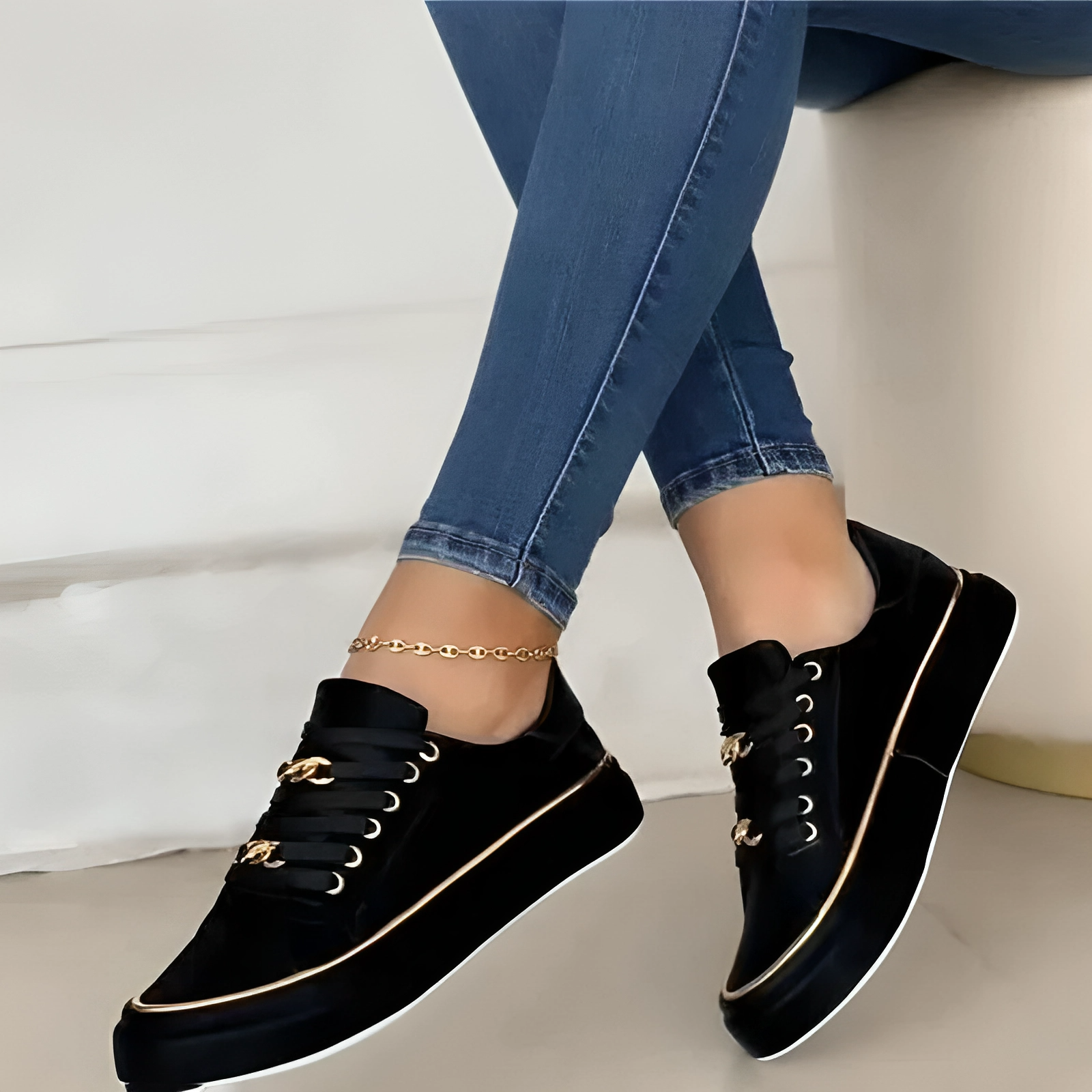 Low-Top Black Sneakers with Gold Accents - Men's Comfortable Durable PU Leather Basketball Shoes