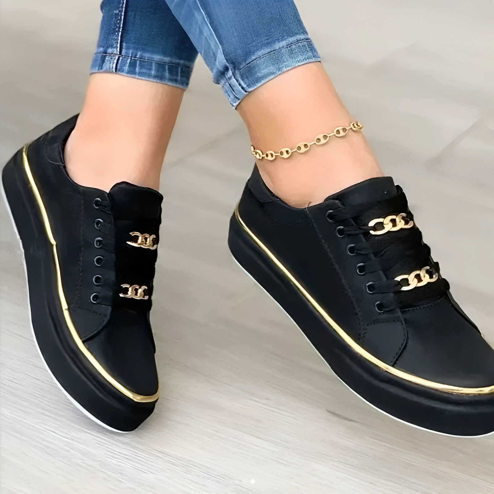 Low-Top Black Sneakers with Gold Accents - Men's Comfortable Durable PU Leather Basketball Shoes