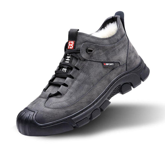 Men's Winter Leather Sneakers with Faux Fur Lining and Non-Slip Sole – Gray and Black, Sizes 38-44