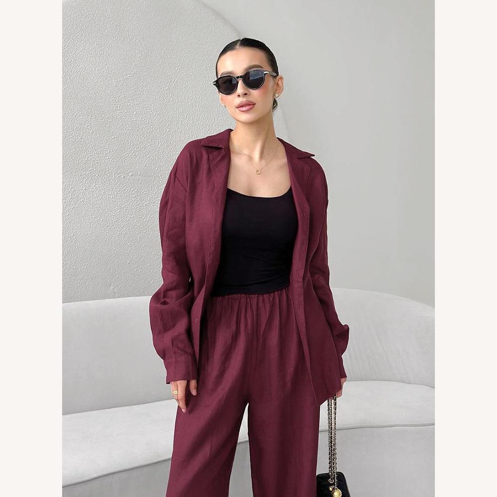 Women's Lightweight Linen Suit Set - Buttoned Shirt and Elastic Pants, Elegant and Comfortable