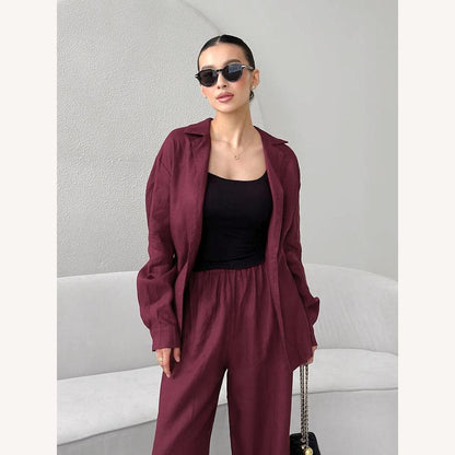 Women's Lightweight Linen Suit Set - Buttoned Shirt and Elastic Pants, Elegant and Comfortable
