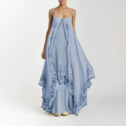 Elegant Long Women's Dress with Ruffles – Bohemian Floral Maxi Summer Dress, Fluid and Airy Fabric