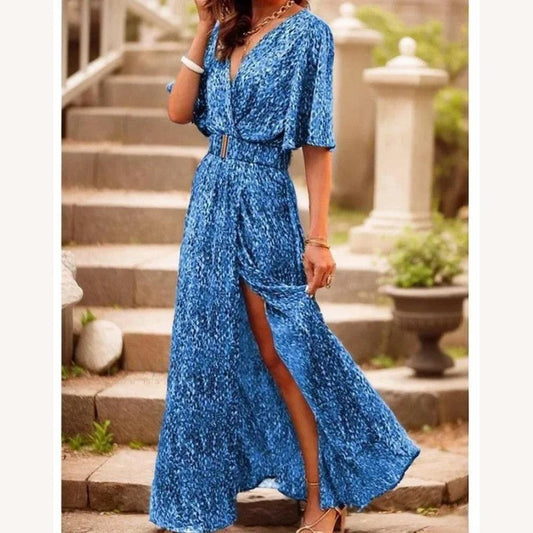 Elegant Long Women's Dress with V-Neck Floral Print – Long Summer Evening Dress for All Occasions