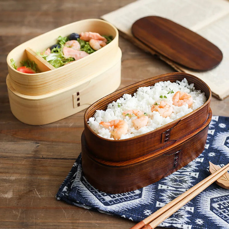 Boîte Bento en Bois à Double Couches – Conteneur à Déjeuner Japonais pour Étudiants et Travailleurs