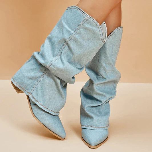 Bottes Hautes en Denim Souple pour Femmes – Tige Jusqu'aux Genoux, Bout Pointu, Talon Bloc Bas, Style Décontracté et Chic 0