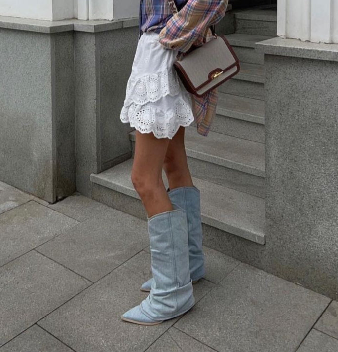 Bottes Hautes en Denim Souple pour Femmes – Tige Jusqu'aux Genoux, Bout Pointu, Talon Bloc Bas, Style Décontracté et Chic 2