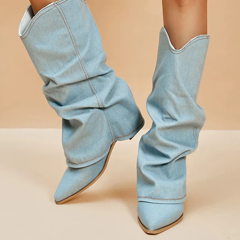 Bottes Hautes en Denim Souple pour Femmes – Tige Jusqu'aux Genoux, Bout Pointu, Talon Bloc Bas, Style Décontracté et Chic 4
