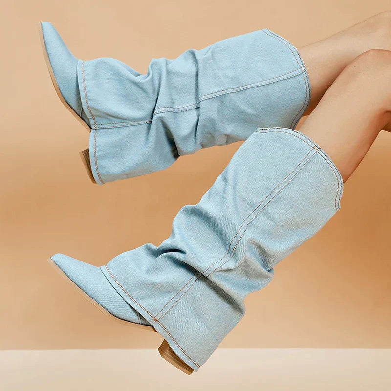 Bottes Hautes en Denim Souple pour Femmes – Tige Jusqu'aux Genoux, Bout Pointu, Talon Bloc Bas, Style Décontracté et Chic 5