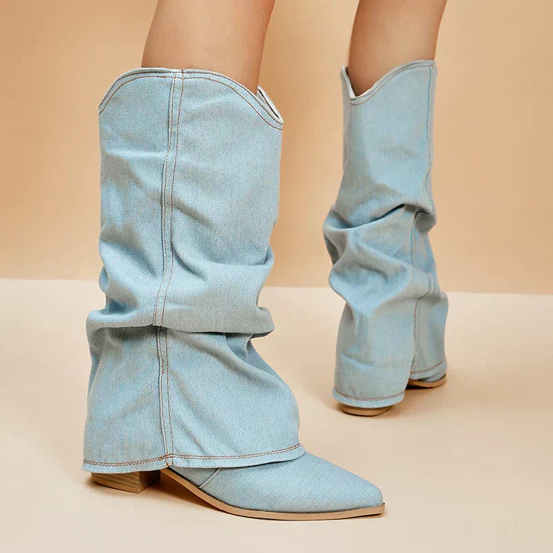 Bottes Hautes en Denim Souple pour Femmes – Tige Jusqu'aux Genoux, Bout Pointu, Talon Bloc Bas, Style Décontracté et Chic 6