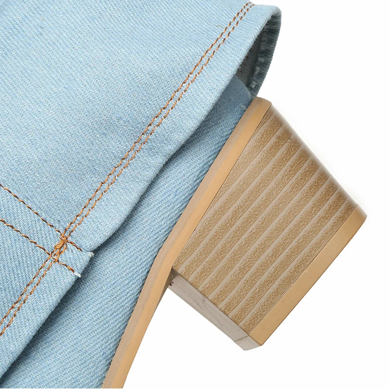 Bottes Hautes en Denim Souple pour Femmes – Tige Jusqu'aux Genoux, Bout Pointu, Talon Bloc Bas, Style Décontracté et Chic 7