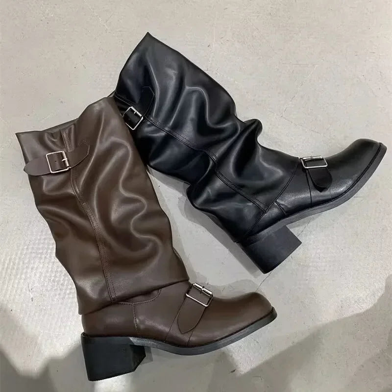 Bottes Hiver Femme Hautes en Cuir Noir à Plateforme – Style Punk avec Tige Genou et Talon Épais 4