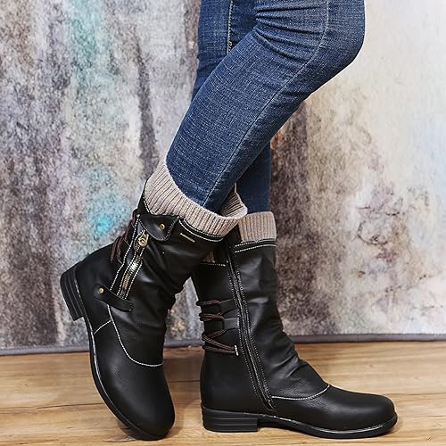 Bottes Hiver Femme en Cuir Mi-Mollet avec Doublure Chaude et Talon Bloc Bas - Bottes Noires Femme Confortables 3