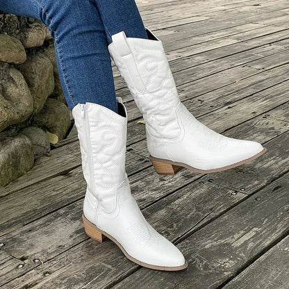 Bottes Mi-Mollet en Similicuir Noires Femme avec Détails Brodés – Confort et Style Décontracté 0