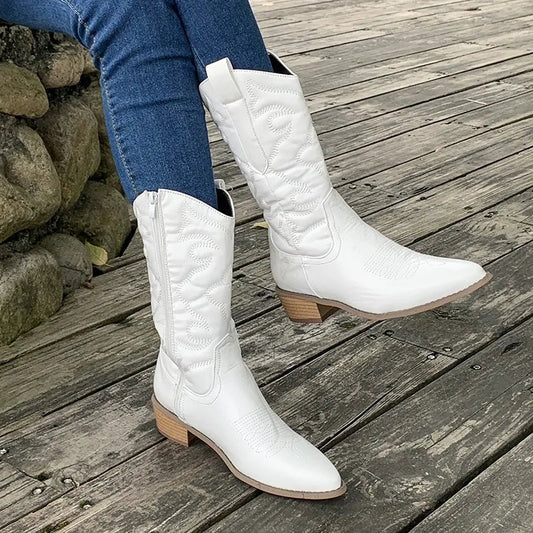 Bottes Mi-Mollet en Similicuir Noires Femme avec Détails Brodés – Confort et Style Décontracté 0