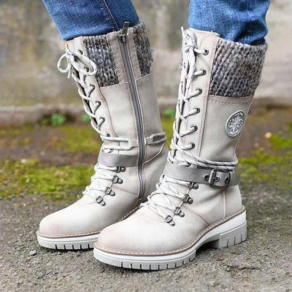 Bottes d'Hiver à Lacets pour Femmes avec Col en Tricot et Semelle Crantée - Simili Cuir 0