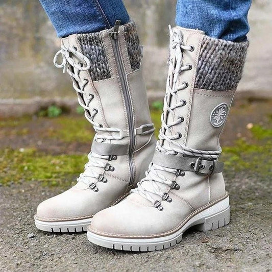 Bottes d'Hiver à Lacets pour Femmes avec Col en Tricot et Semelle Crantée - Simili Cuir 0