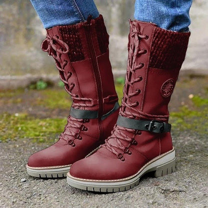 Bottes d'Hiver à Lacets pour Femmes avec Col en Tricot et Semelle Crantée - Simili Cuir 1