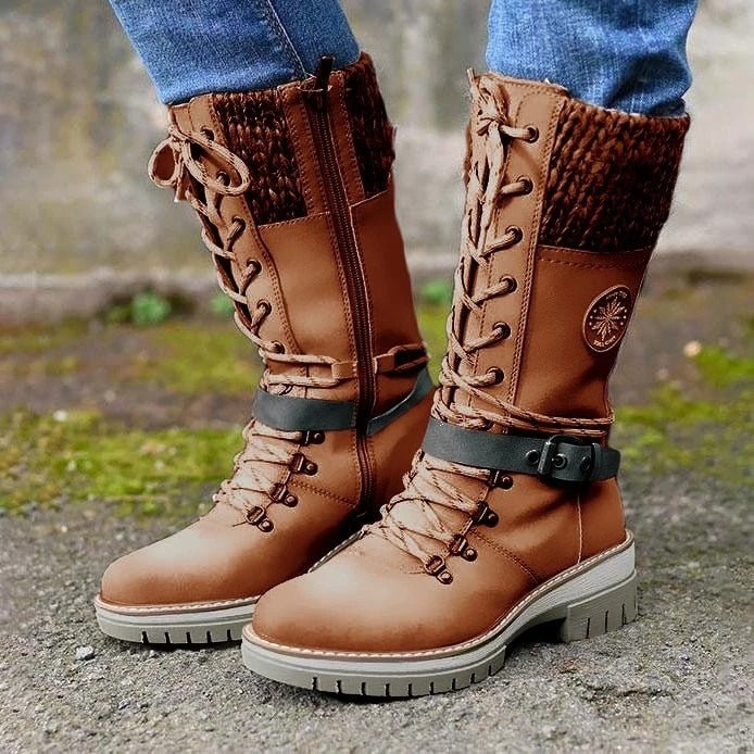 Bottes d'Hiver à Lacets pour Femmes avec Col en Tricot et Semelle Crantée - Simili Cuir 7