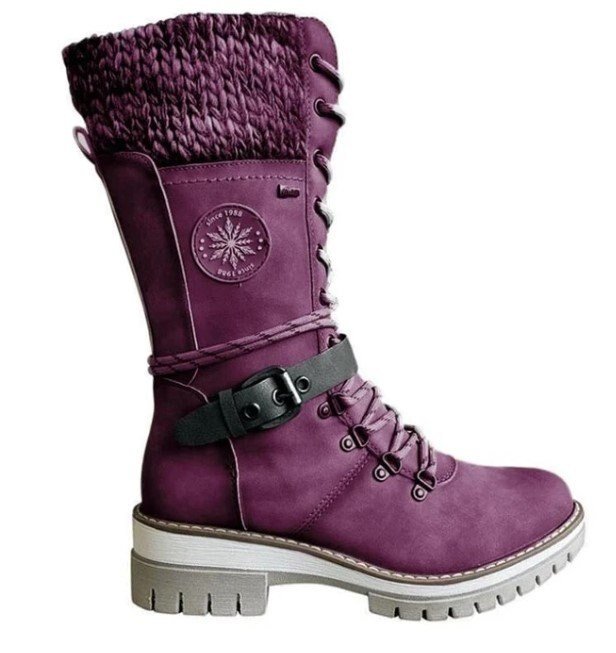 Bottes d'Hiver à Lacets pour Femmes avec Col en Tricot et Semelle Crantée - Simili Cuir 8