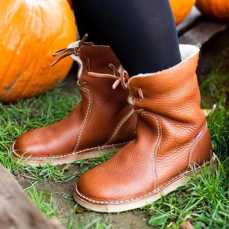 Bottes d'hiver en cuir pour femmes avec revers en fourrure et semelle en caoutchouc 3