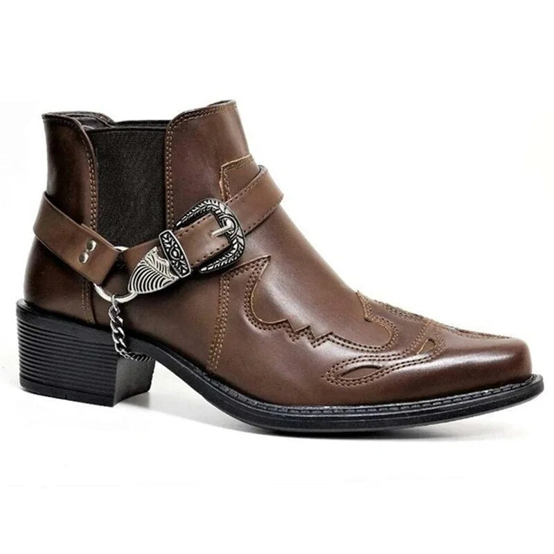 Bottes de Cowboy en Cuir Fait Main pour Hommes avec Boucle de Chaîne – Style Moto Durable et Confortable