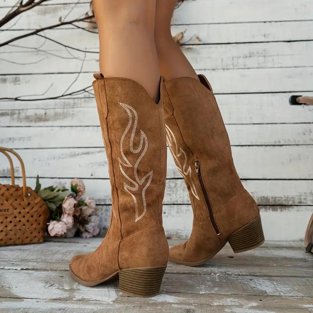 Bottes de Cowboy en Daim Douces pour Femmes – Style Décontracté à Hauteur du Genou 2