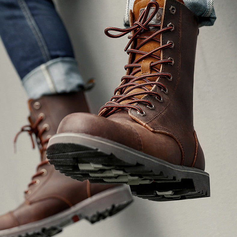 Leather Motorcycle Boots for Men with High Laces and Rubber Sole