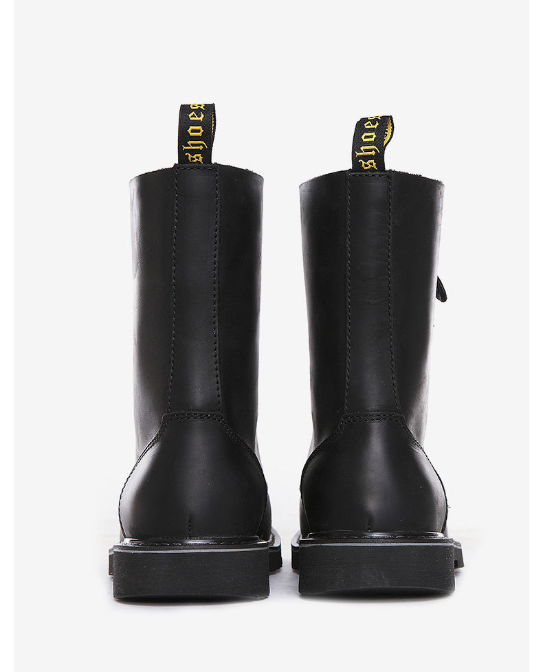 Bottes de Moto en Cuir pour Hommes avec Lacets Hauts et Semelle en Caoutchouc