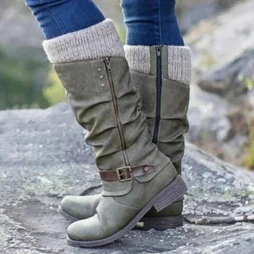 Bottes hautes pour femmes avec tige en daim synthétique et revers en tricot - Confort et style 0