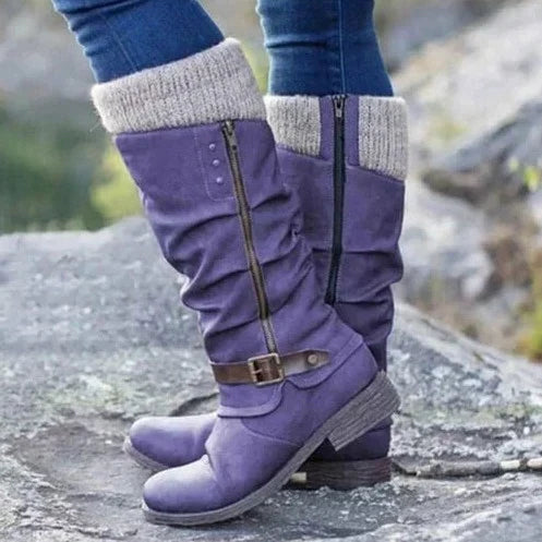 Bottes hautes pour femmes avec tige en daim synthétique et revers en tricot - Confort et style 4