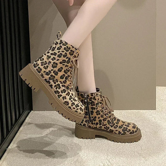 Bottines à Lacets pour Femmes en Simili Cuir avec Imprimé Léopard – Semelle Crantée 0
