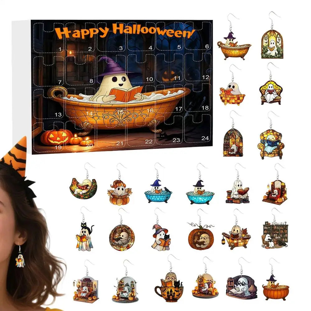 Boucles d'Oreilles Fantômes en Acrylique 2D – Calendrier de l'Avent Halloween 2025 avec 24 Surprises pour Femmes