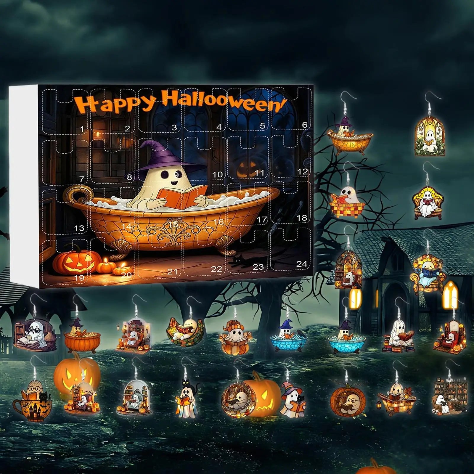 Boucles d'Oreilles Fantômes en Acrylique 2D – Calendrier de l'Avent Halloween 2025 avec 24 Surprises pour Femmes