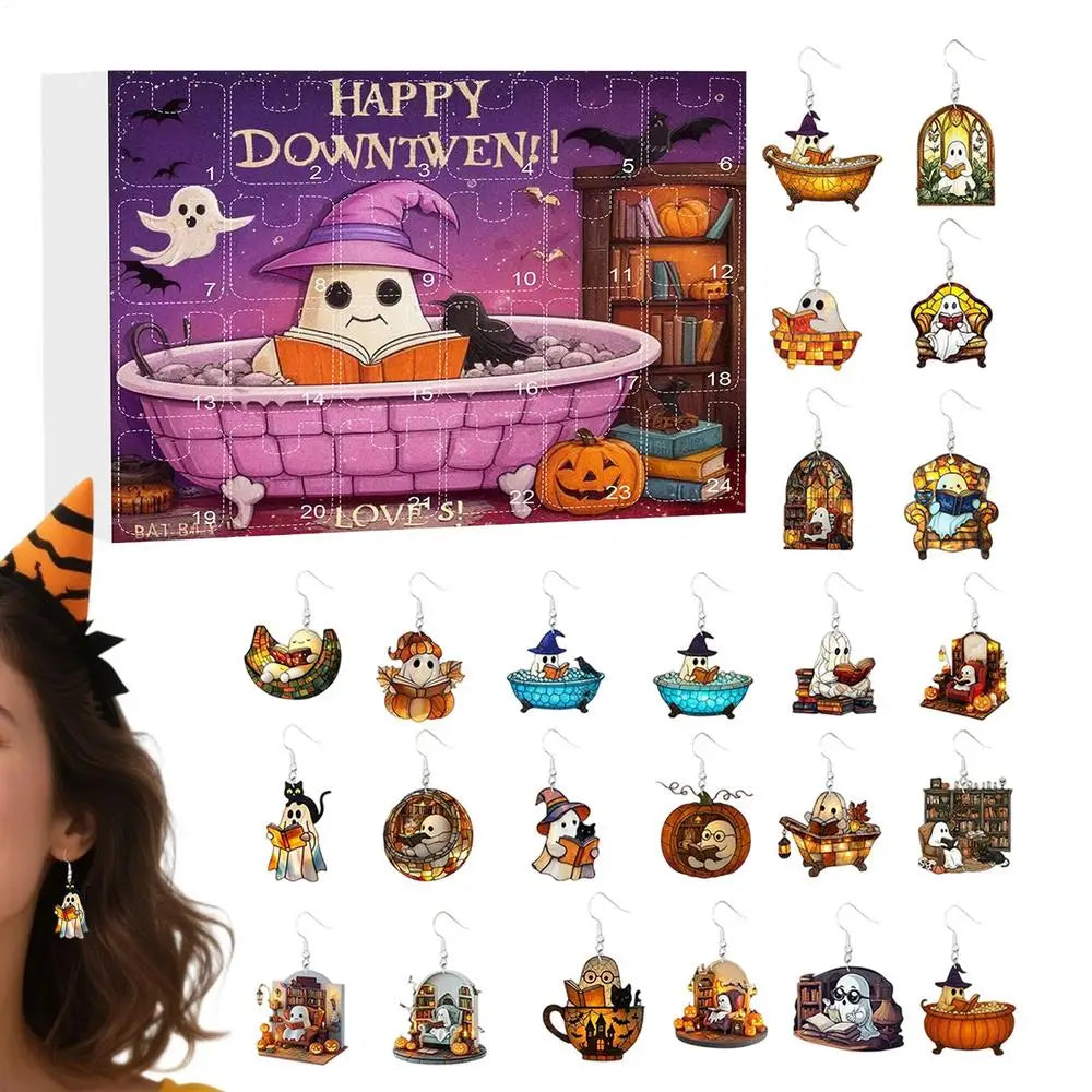 Boucles d'Oreilles Fantômes en Acrylique 2D – Calendrier de l'Avent Halloween 2025 avec 24 Surprises pour Femmes