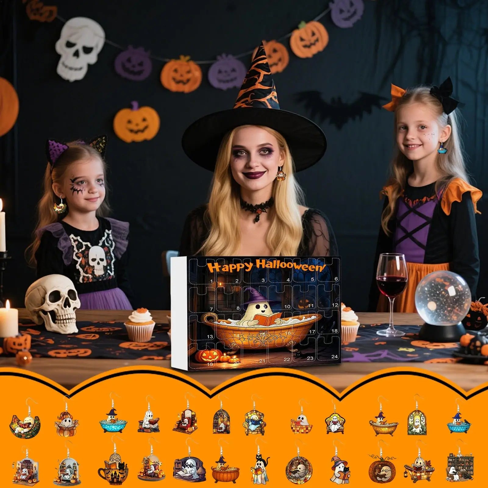 Boucles d'Oreilles Fantômes en Acrylique 2D – Calendrier de l'Avent Halloween 2025 avec 24 Surprises pour Femmes