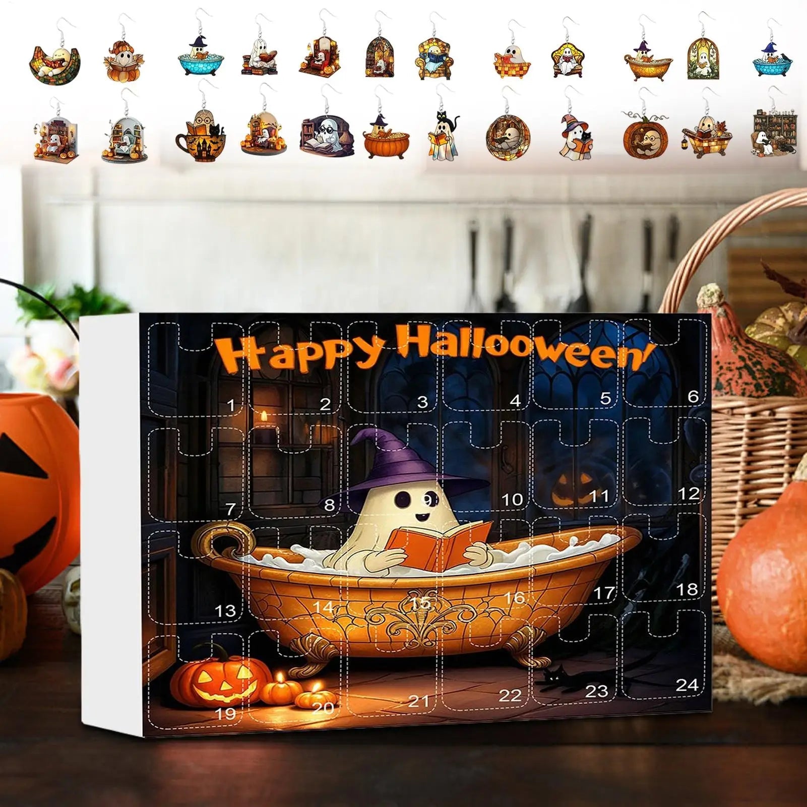 Boucles d'Oreilles Fantômes en Acrylique 2D – Calendrier de l'Avent Halloween 2025 avec 24 Surprises pour Femmes