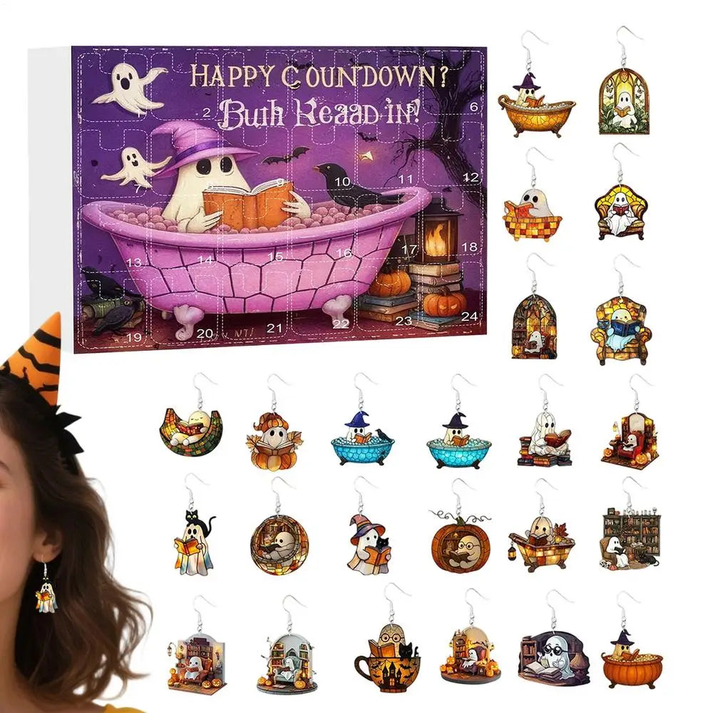Boucles d'Oreilles Fantômes en Acrylique 2D – Calendrier de l'Avent Halloween 2025 avec 24 Surprises pour Femmes