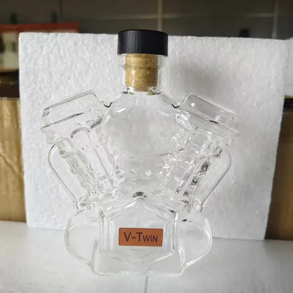 Glass Bottle in V-Twin Engine Shape – Artistic Carafe for Motorcycle Enthusiasts