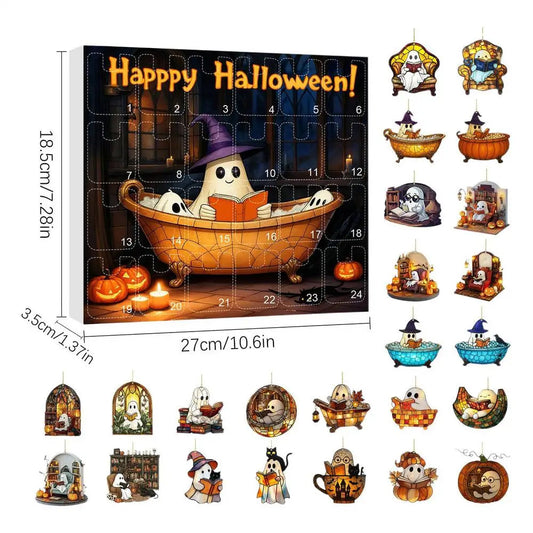 Halloween Countdown Calendar with 24 Acrylic Ghosts – Indoor and Outdoor Halloween Decoration