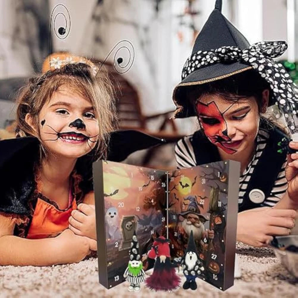 Calendrier de l'Avent Halloween Gnome à Deux Panneaux avec 24 Figurines Décoratives en Coton et Tissu Doux