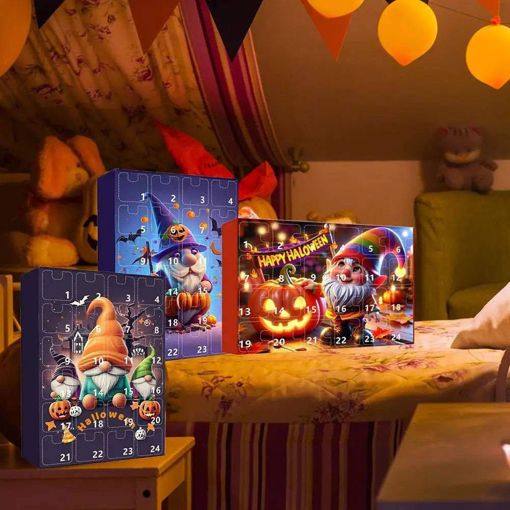 Calendrier de l'Avent Halloween Gnome avec 24 Mini-Poupées Décoratives en Plastique Durable