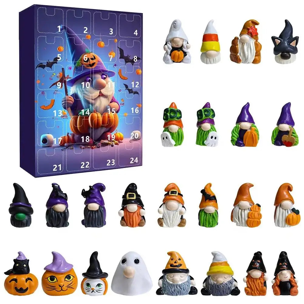 Calendrier de l'Avent Halloween Gnome avec 24 Mini-Poupées Décoratives en Plastique Durable