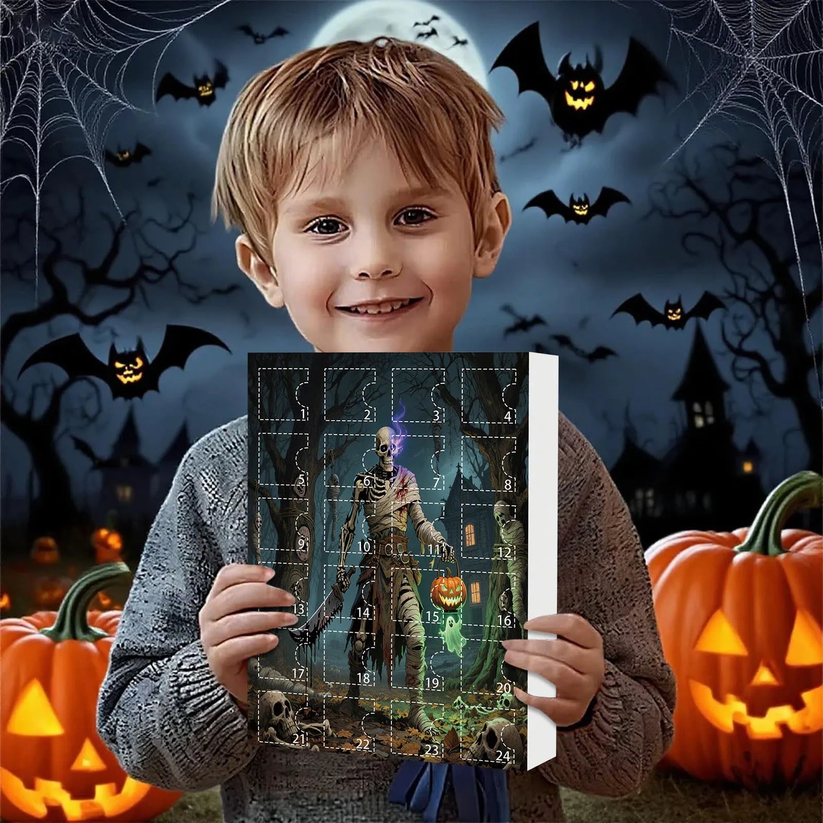 Calendrier de l'Avent Halloween avec 24 Mini Figurines Effrayantes en Tissus Non Tissés pour Décoration Intérieure