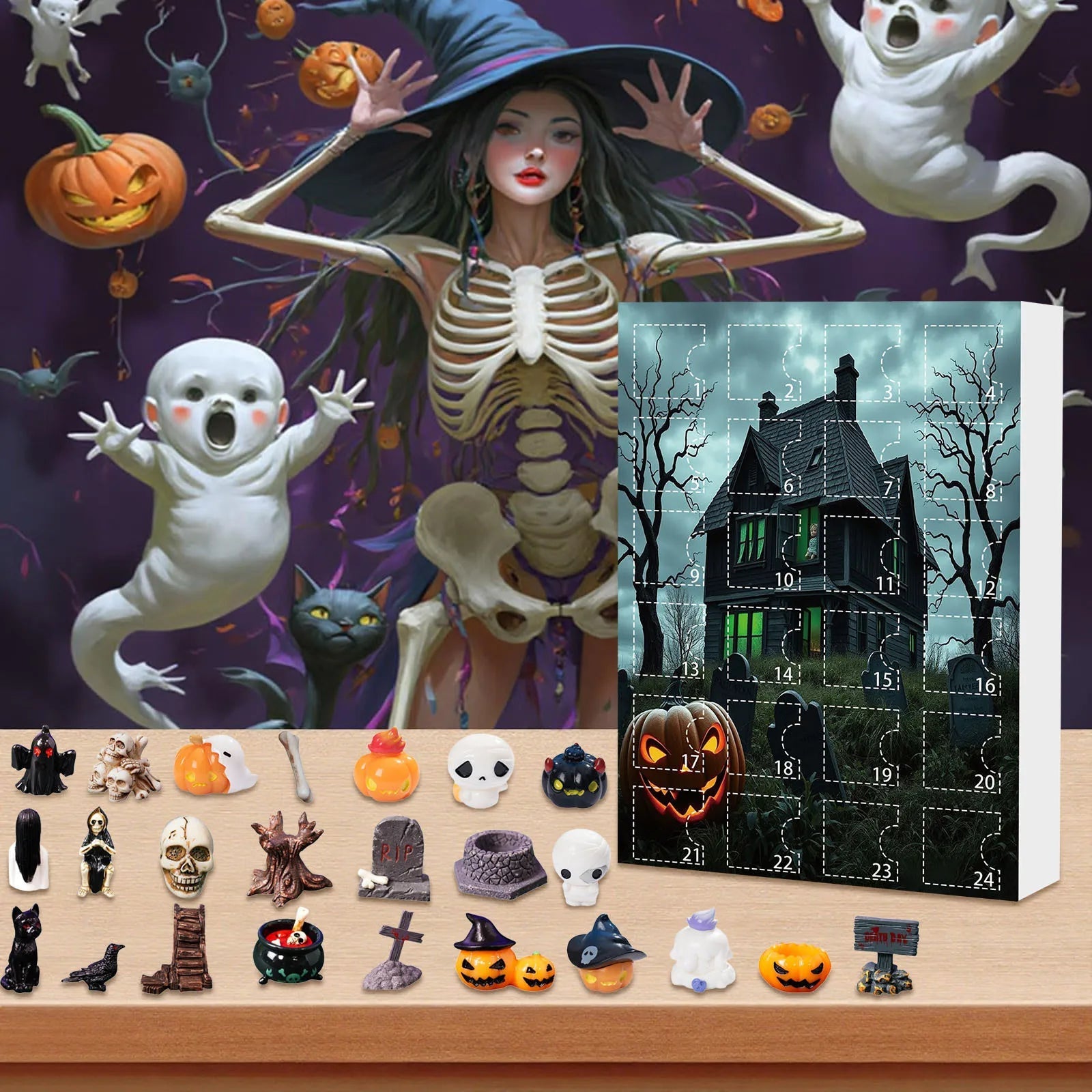 Calendrier de l'Avent Halloween avec 24 Mini Figurines Effrayantes en Tissus Non Tissés pour Décoration Intérieure
