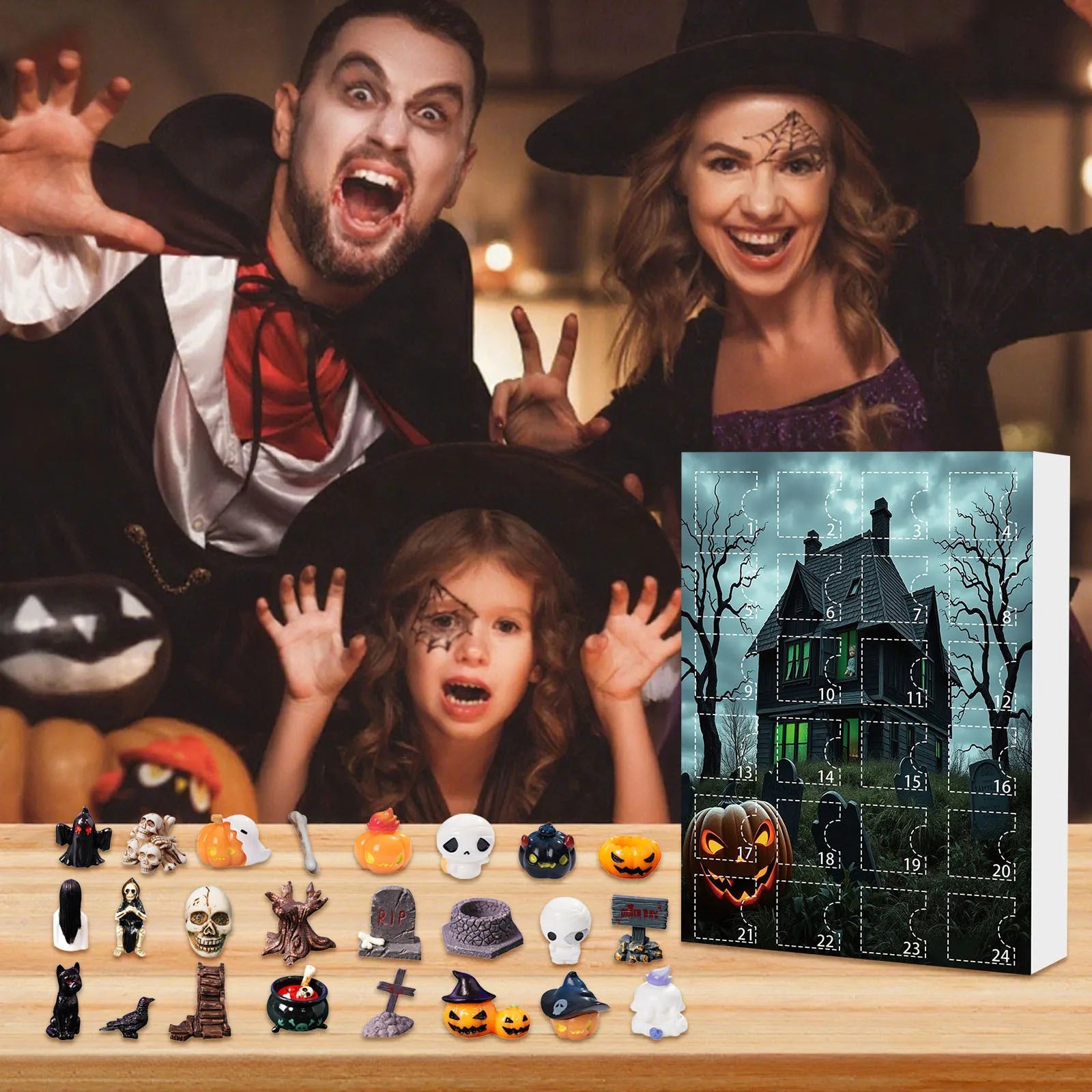 Calendrier de l'Avent Halloween avec 24 Mini Figurines Effrayantes en Tissus Non Tissés pour Décoration Intérieure