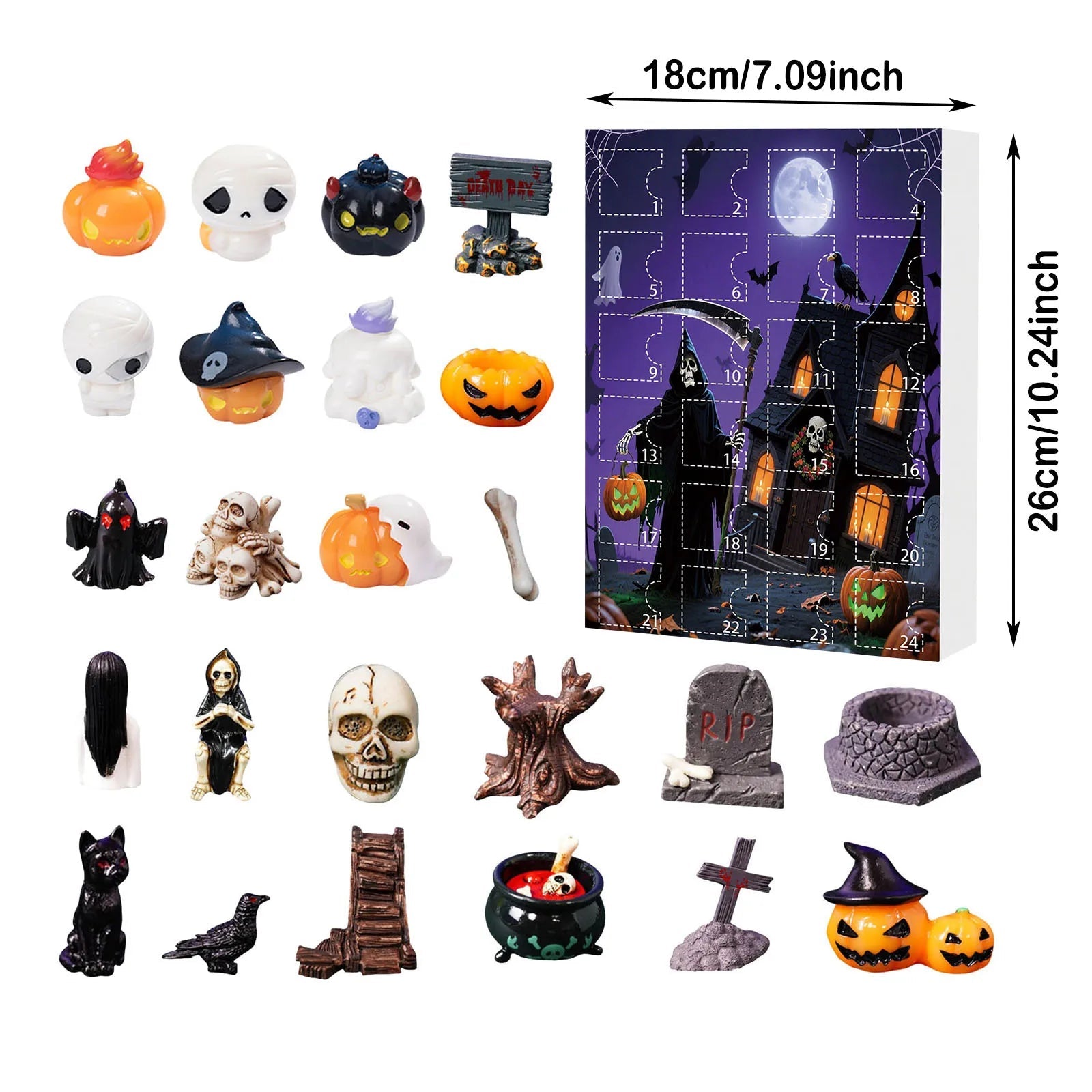 Calendrier de l'Avent Halloween avec 24 Mini Figurines Effrayantes en Tissus Non Tissés pour Décoration Intérieure